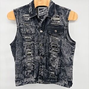 Diamond Stash XXL Acid Wash Distressed Denim Vest Ripped Black Grey Streetwear